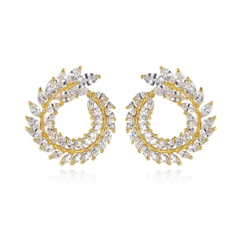 Round Leaf Shape Diamond 18K Yellow Gold Earrings